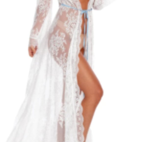 😍 NWOT Aporei Sheer Lace Maxi Dressing Robe Kimono, White, Large - Picture 7 of 16